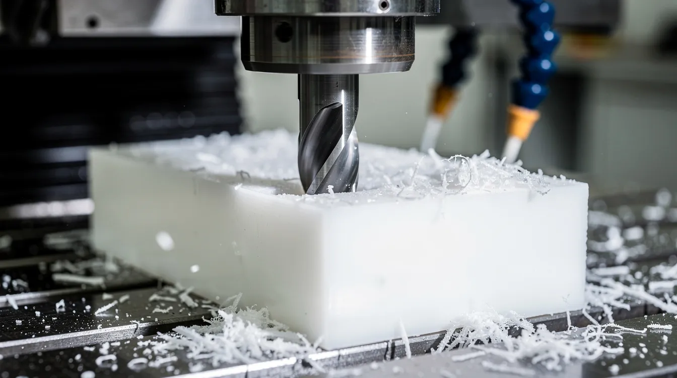 A close-up view of a CNC milling tool is shown cutting into a white plastic block on a machine bed, with plastic chips being evacuated during the process. This image highlights the precision of CNC plastic machining, demonstrating the tool's ability to create tight tolerances and complex geometries in high-density polyethylene or other plastic materials.
