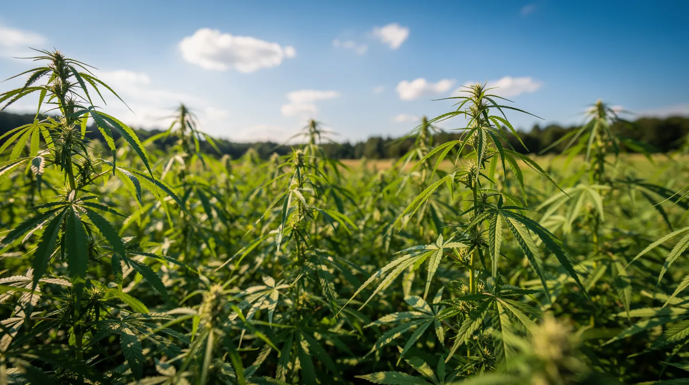 The image depicts lush green hemp plants growing vibrantly in an open field, basking under a bright sunny sky, symbolizing the potential of industrial hemp under the Georgia hemp farming act. This serene landscape reflects the growing interest in hemp derived CBD products and the legal framework surrounding them in Georgia.