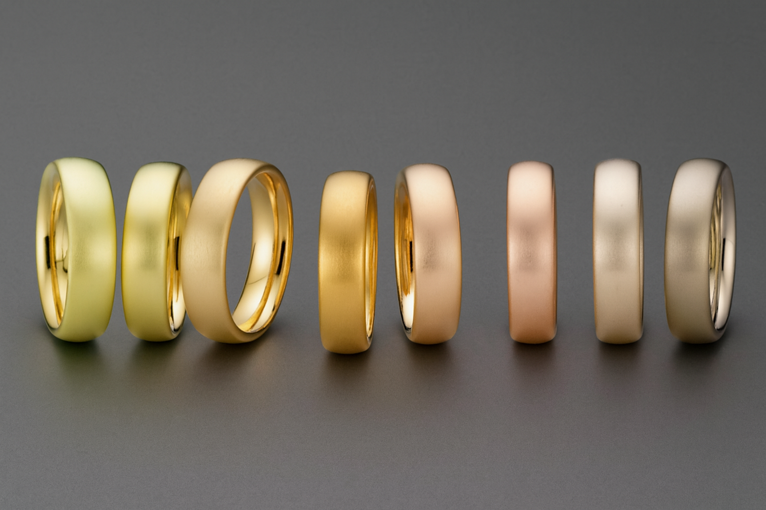 Aukso spalva 50 aukso atspalvių – baltas auksas, geltonas auksas, raudonas auksas, rožinis auksas, riešutų spalvos auksas, pilkos spalvos auksas.