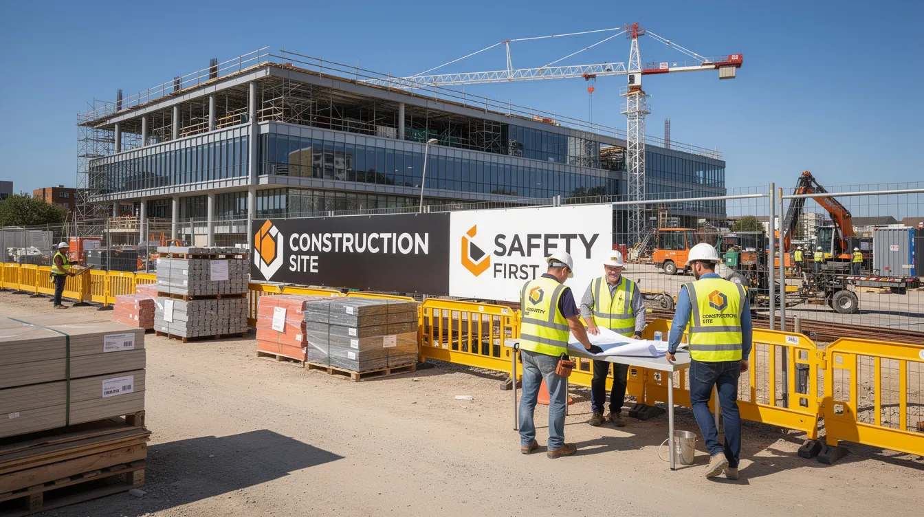The image depicts a modern commercial construction jobsite featuring professional signage and organized materials, with workers dressed in branded safety gear. This scene highlights the importance of strong brand identity and construction company branding in the construction industry, emphasizing quality work and professionalism to attract potential clients.