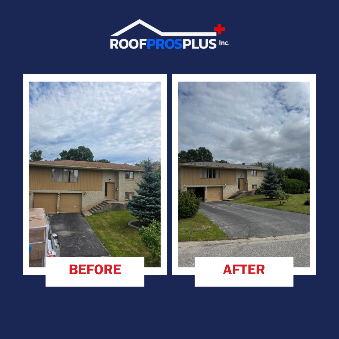 A split image comparison showing a house with brown siding and two garage doors. The "before" picture shows aa brown asphalt roof, and the "after" shows dark metal roof.