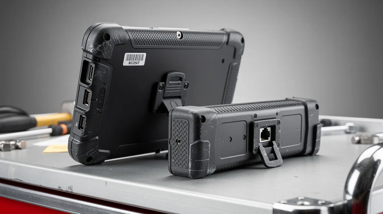 The image features a rugged industrial tablet prominently displayed on an aviation tool cart, showcasing its back and side profiles. Key details include a hot-swappable battery pack, robust rubber port covers for connectivity, and shock-absorbing bumpers, all set against a clean industrial grey background, emphasizing the tablet's durability and reliability for maintenance teams in the aviation industry.