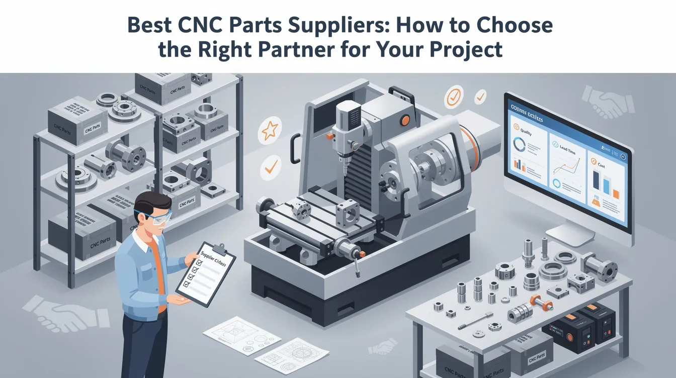 The image depicts a professional setting where engineers are discussing CNC machining services, highlighting the importance of selecting the right supplier for custom parts and complex geometries. Various CNC machines, including routers and milling tools, are visible in the background, emphasizing the cutting-edge technology used in the production of high-quality machined parts.
