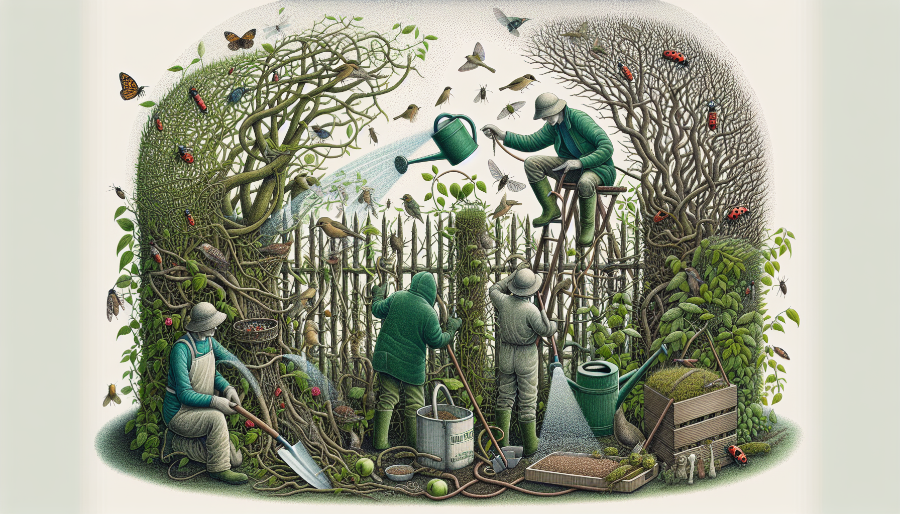 Illustration of pruning and maintaining a wildlife hedge