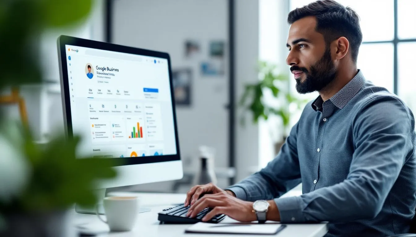 The image shows a business owner actively uploading photos to their Google Business Profile dashboard, aiming to enhance their business profile with accurate information and engaging visuals to attract more customers through relevant searches. This action is essential for improving local results and increasing visibility in search results.