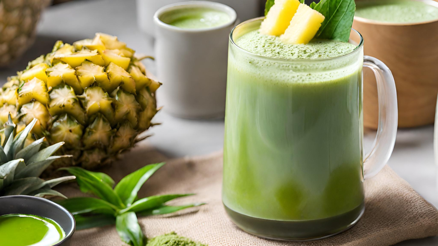 A glass filled with a delicious pineapple matcha drink
