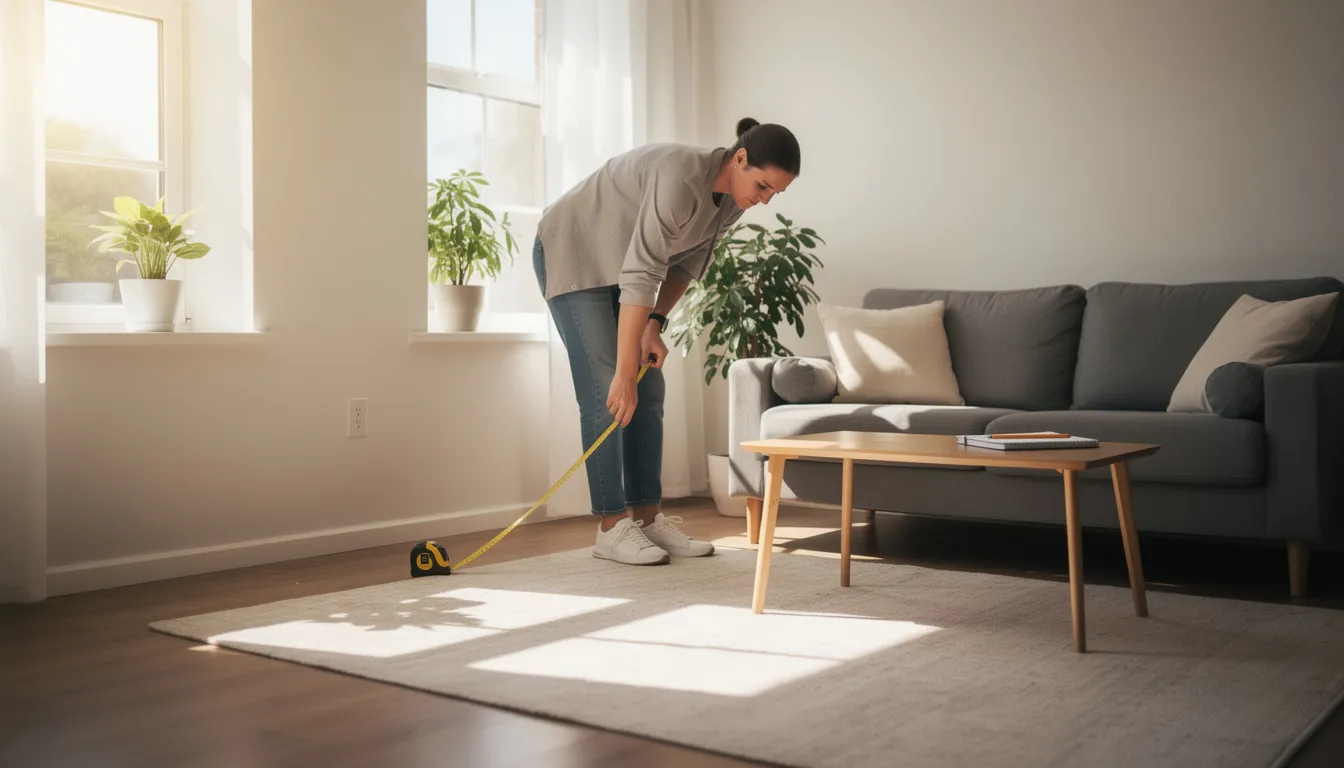 A person is measuring the floor space of a small living room with a tape measure, while sunlight streams through large windows, illuminating the area. This scene captures the essence of creating a functional and stylish living space in a tiny home, highlighting the importance of natural light and thoughtful layout.