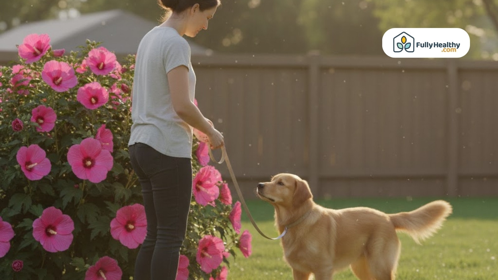 Woman holding leashed dog beside blooming hibiscus shrub in backyard