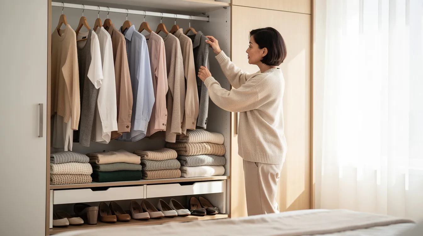 Een persoon selecteert zorgvuldig kleding uit een opgeruimde kledingkast, die op ooghoogte is ingedeeld met stapels kleding en uniforme hangers. De kast heeft een logische indeling, waardoor favoriete kledingstukken en accessoires snel te vinden zijn.