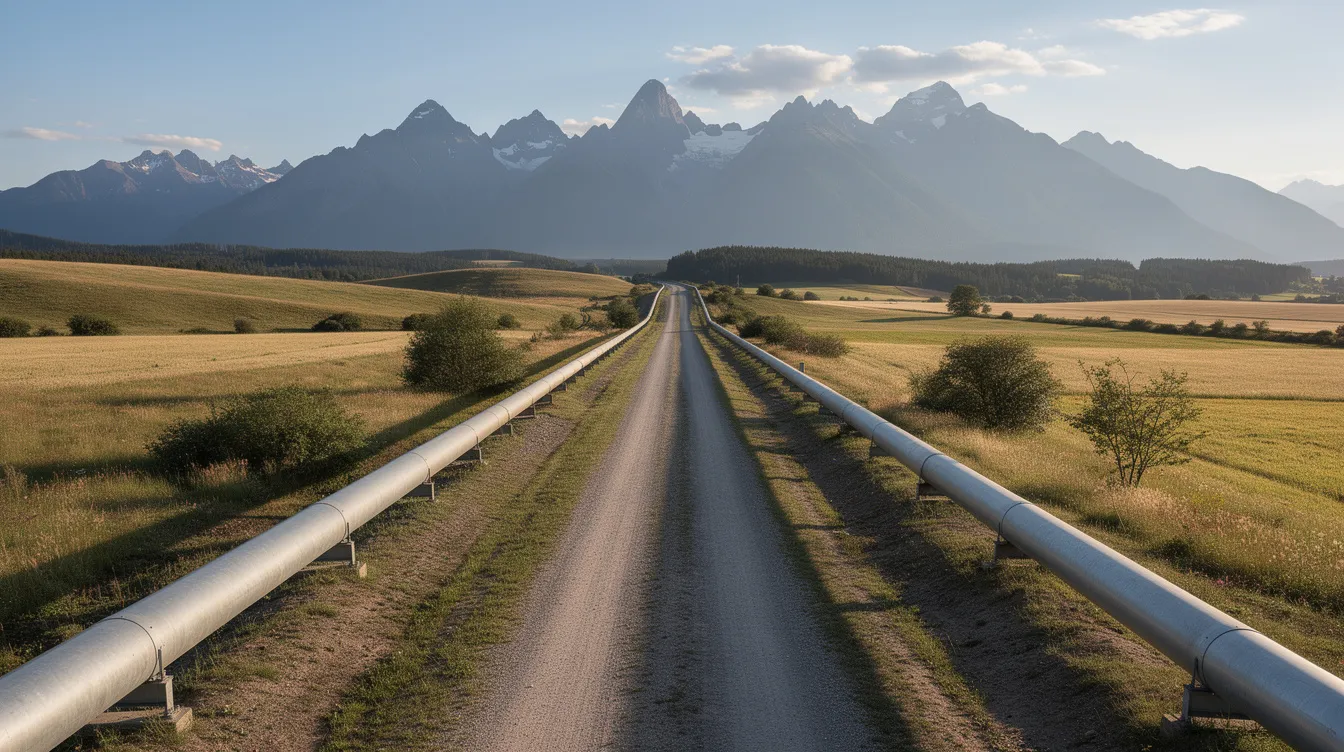 The image depicts a pipeline corridor traversing a rural landscape, with rolling hills and mountains visible in the background. This setting highlights the infrastructure related to carbon capture projects, essential for reducing greenhouse gas emissions and promoting environmental protection.