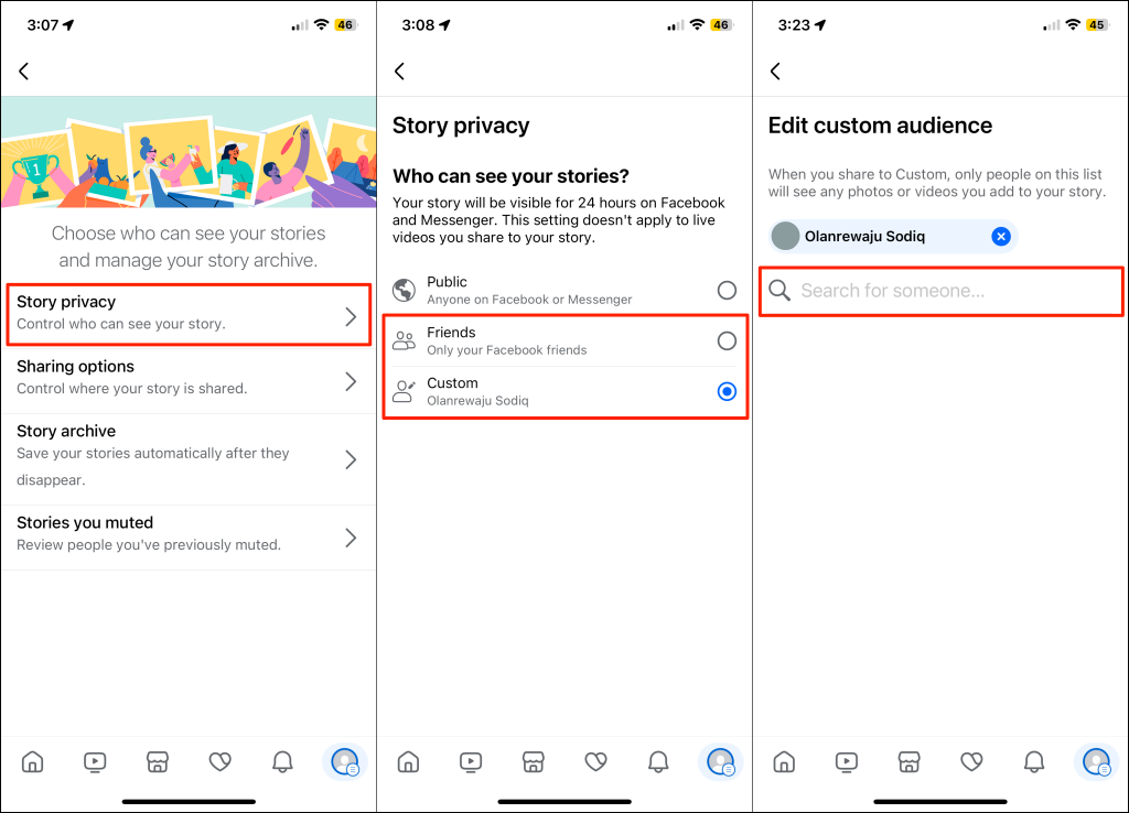 Steps to change story visibility in the Facebook iOS app