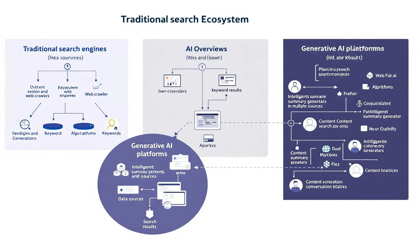 The diagram illustrates the interconnected ecosystem of traditional search engines, AI overviews, and generative AI platforms, highlighting key elements such as user intent, keyword research, and the impact of AI-generated content on search rankings. It emphasizes the evolution of SEO strategies, including the importance of structured data and user satisfaction in enhancing organic traffic and visibility.