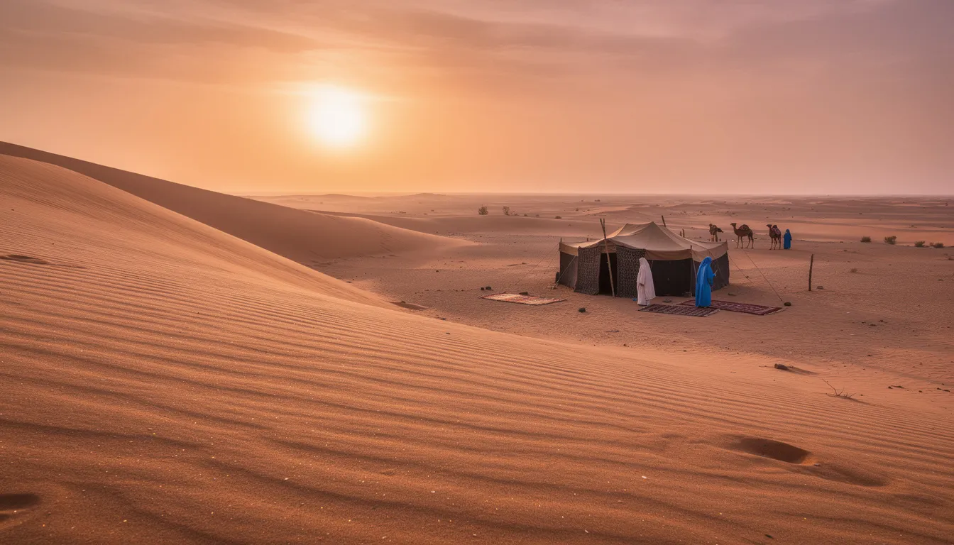 The image captures a stunning sunset over the vast Sahara desert, with golden dunes stretching into the horizon and traditional Berber tents visible in the distance. This scene reflects the local culture, inviting female travelers to consider the dress code, such as wearing long dresses or flowy pants, to dress conservatively while exploring this beautiful Moroccan landscape.