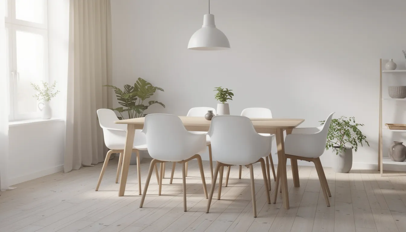 This bright Scandinavian dining room features a wooden dining table surrounded by four white bucket chairs, creating an inviting atmosphere. The combination of the furniture creates a modern look that's perfect for everyday use and suitable for smaller spaces.