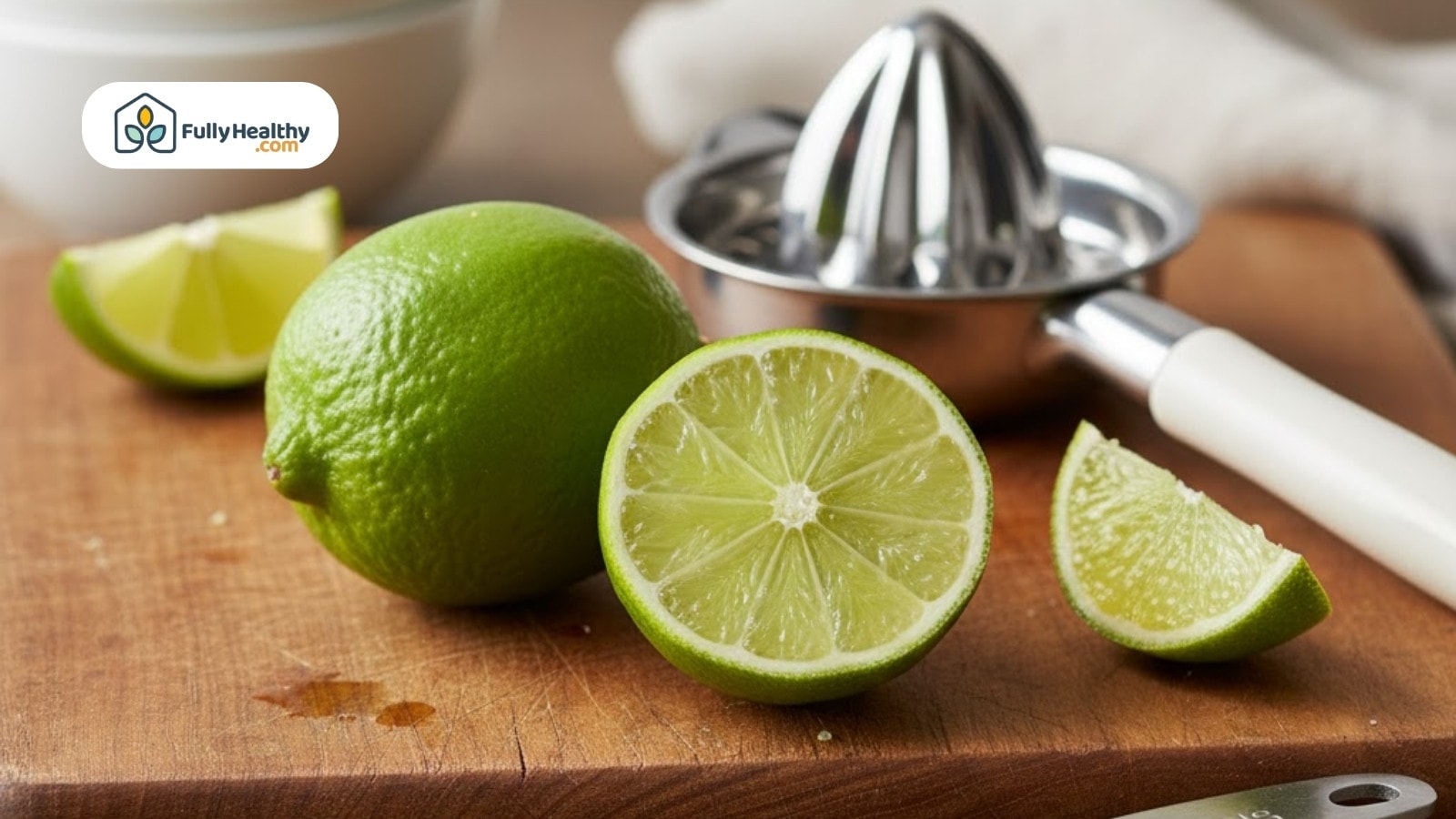 Fresh limes sliced on wooden board beside metal citrus juicer in kitchen setting