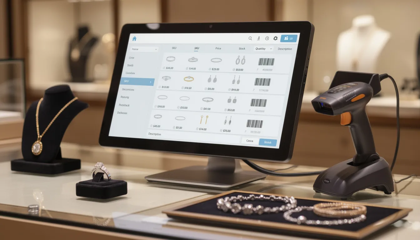 The image shows a modern POS system in a jewelry store, featuring a detailed display of SKU information for various jewelry pieces alongside a barcode scanner. This robust inventory management system enhances operational efficiency by providing real-time visibility into stock levels and customer demand, ultimately boosting customer satisfaction and sales.