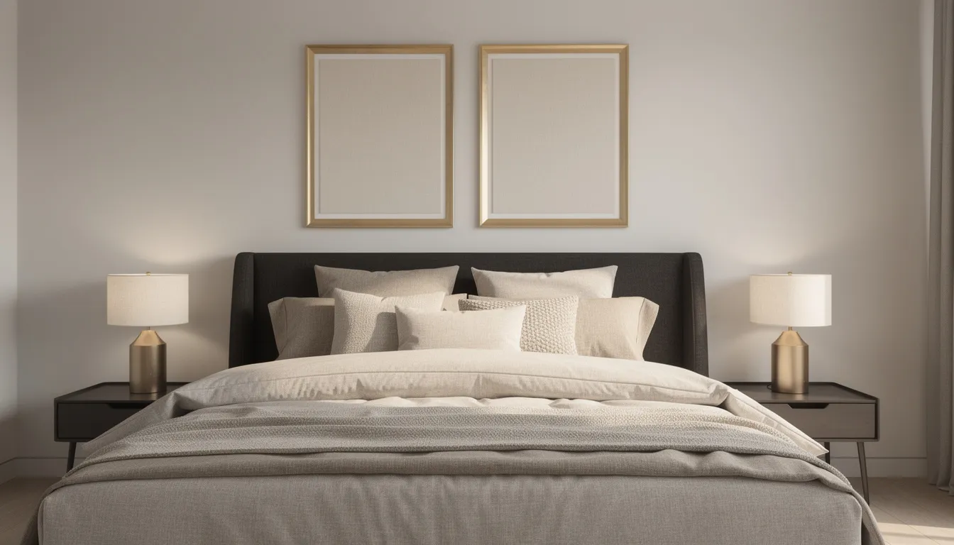Ett sovrum med en mörk sänggavel klädd i beige textilier, där två symmetriska guldtavlor hänger ovanför. Tavlorna ger rummet en stilren känsla och bidrar med eleganta detaljer till inredningen.