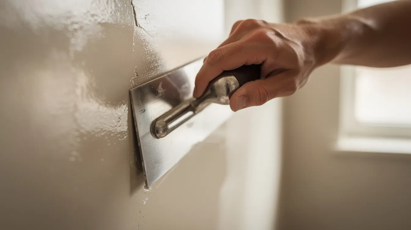 A close-up view captures a hand applying polished venetian plaster to a wall, showcasing the smooth, burnished surface that reflects natural light. The luxurious finish highlights the timeless elegance of the material, ideal for high moisture areas like shower walls or powder rooms.