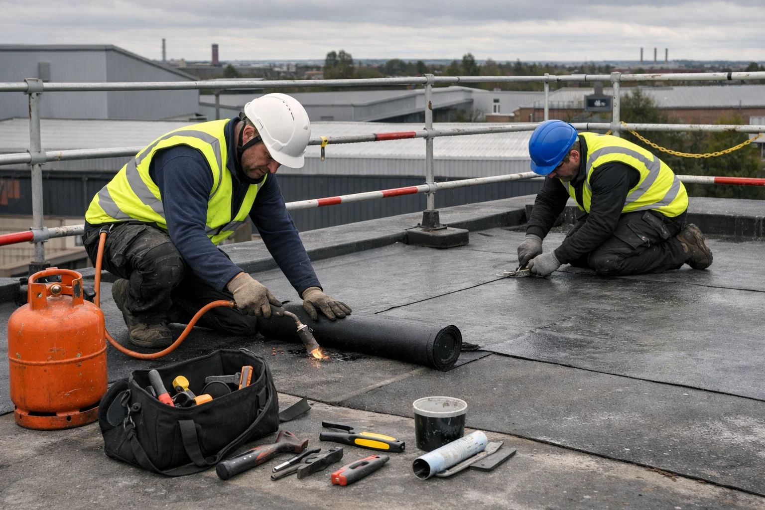 Roofers in safety gear working on a flat commercial roof in Greater Manchester.