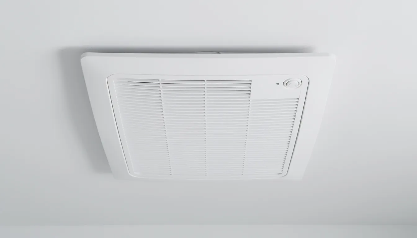 The image features a close-up view of a sleek, modern ceiling-mounted bathroom exhaust fan equipped with a humidity sensor, designed for efficient ventilation in spaces such as a sauna room or bathroom. Its contemporary design emphasizes functionality, making it an ideal choice for maintaining a comfortable and healthy environment during sauna sessions or regular bathing.