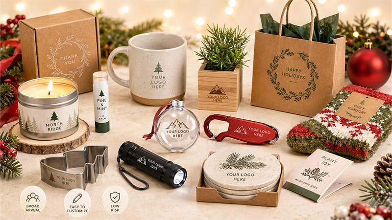 Client Christmas gift bag ideas with polished branded drinkware, refined carry items and premium holiday packaging