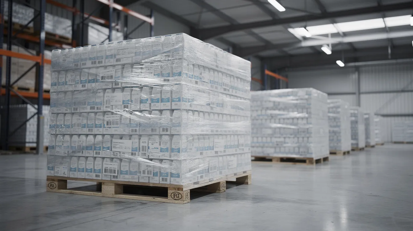The image shows pallets of aseptically packaged milk cartons, wrapped in stretch film, neatly organized inside a warehouse. This setting highlights the dairy industry's focus on maintaining a sterile environment for the storage and distribution of UHT milk, ensuring extended shelf life and nutritional quality.