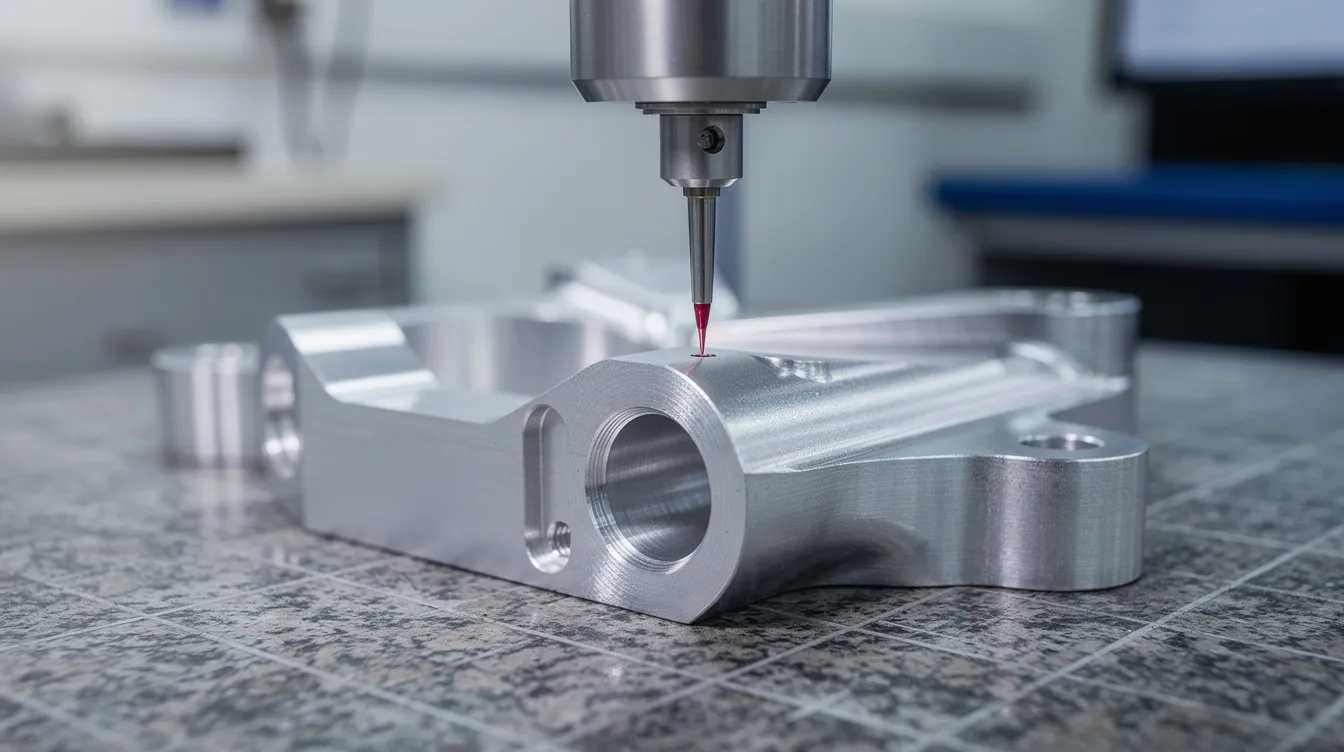 A coordinate measuring machine probe is delicately touching a precision machined aluminum part, showcasing the intricate details and tight tolerances typical in precision sheet metal fabrication. This image highlights the quality control processes essential for producing high precision parts used in various industries, including automotive and electronics applications.