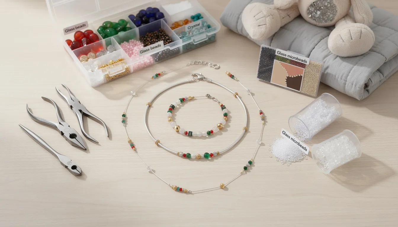 The image depicts a well-organized jewellery making workspace featuring a variety of tools, including wire cutters and pliers, alongside an assortment of glass beads in different shapes and colours. The setup showcases a creative environment with neatly arranged storage baskets, allowing for easy access to materials for crafting unique and beautiful pieces of jewellery.