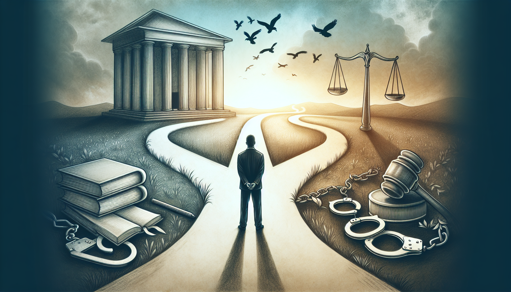 An artistic depiction of various scenarios that lead to bail jumping, showcasing a person contemplating their decisions.