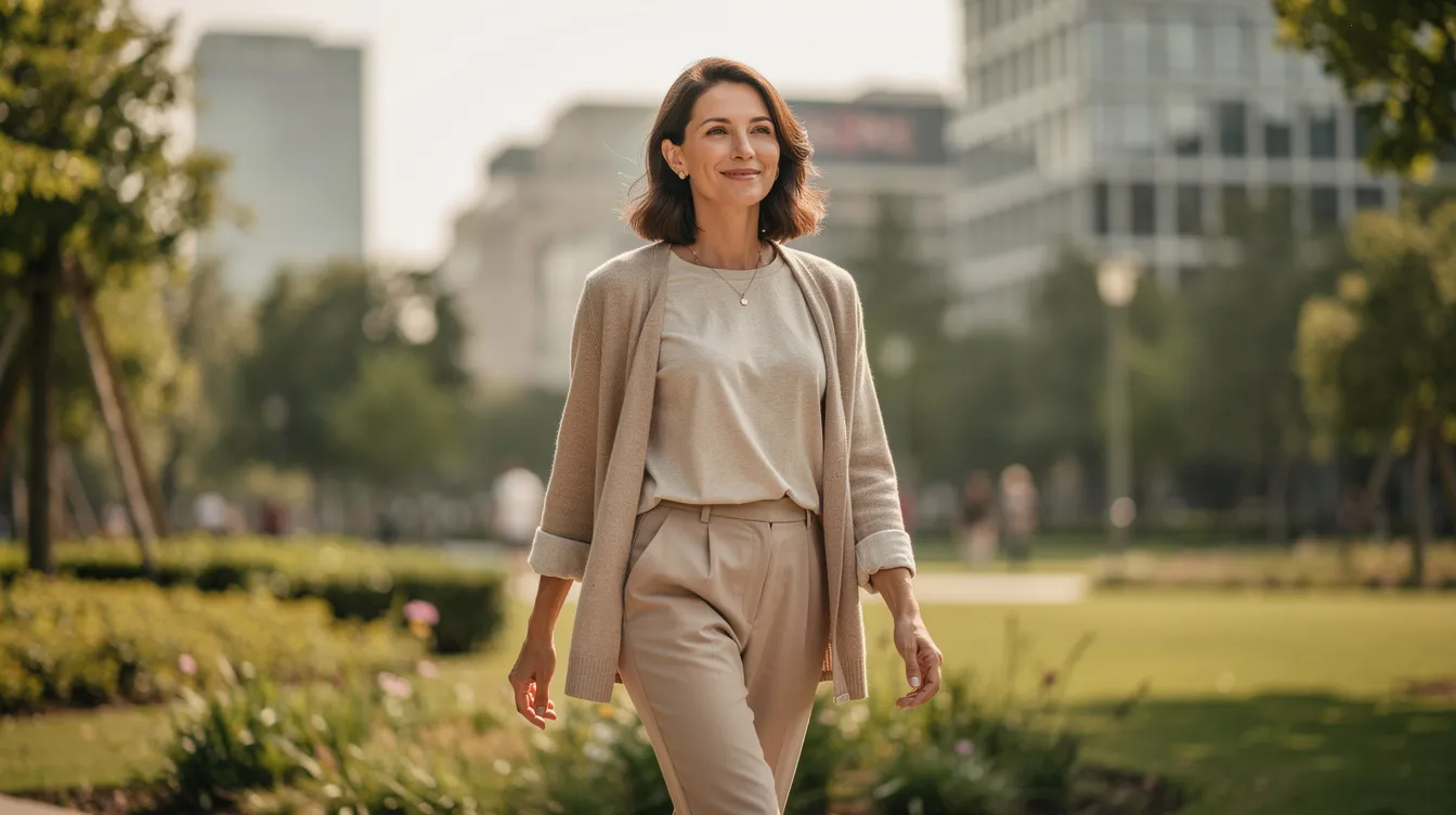 A person is walking outdoors with a relaxed demeanor after undergoing a minimally invasive procedure for body contouring, showcasing their natural looking results. The individual appears comfortable and confident, indicative of the minimal downtime and instant volumizing boost achieved through advanced dermal fillers or a non surgical Brazilian butt lift.