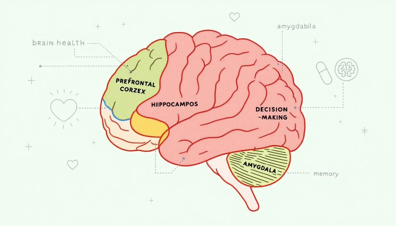 The image depicts a human brain surrounded by various symbols representing health, such as weights, amino acids, and dietary supplements. This visual emphasizes the connection between brain health and physical performance, highlighting the role of creatine supplementation in enhancing athletic performance and muscle growth.