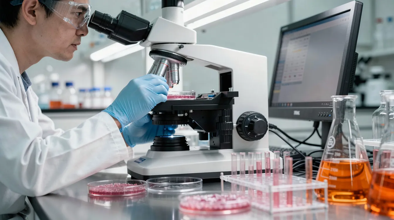 A laboratory researcher is intently examining cell cultures under specialized equipment, focusing on the autophagy pathway in various cell types, including cancer cells and healthy cells. The researcher may be assessing autophagy induction and monitoring autophagy activity to understand cellular stress responses and promote cell health.