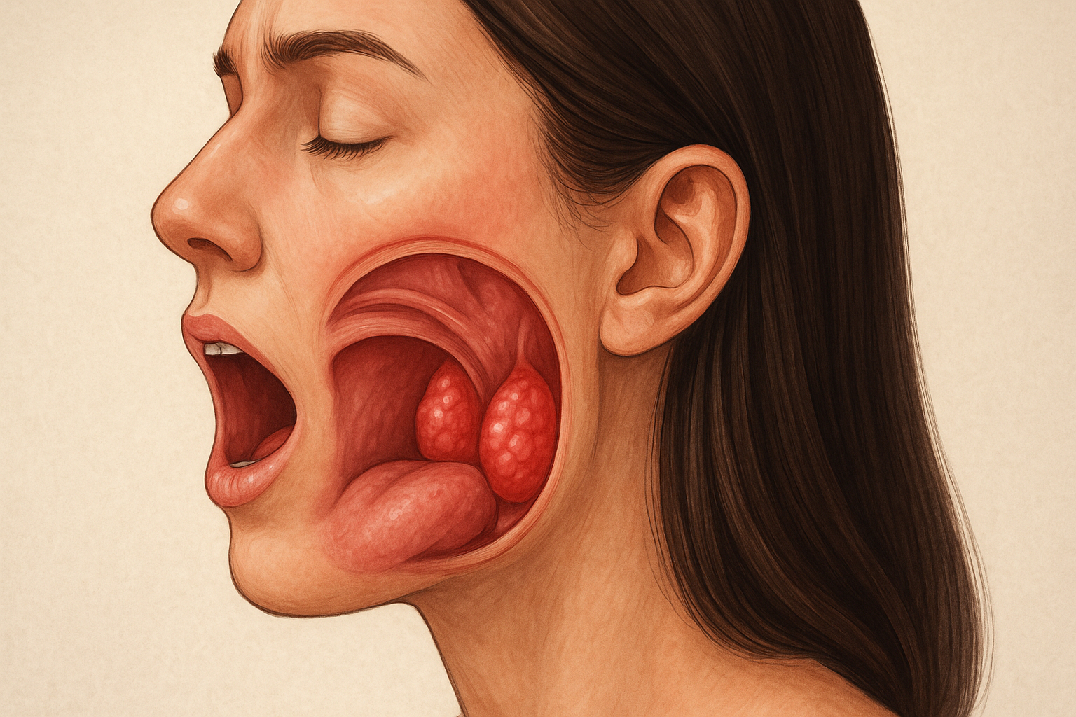 Illustrasjon av hovne mandler i en åpen munn, viser betennelse i halsen og forstørrede mandler på begge sider.
