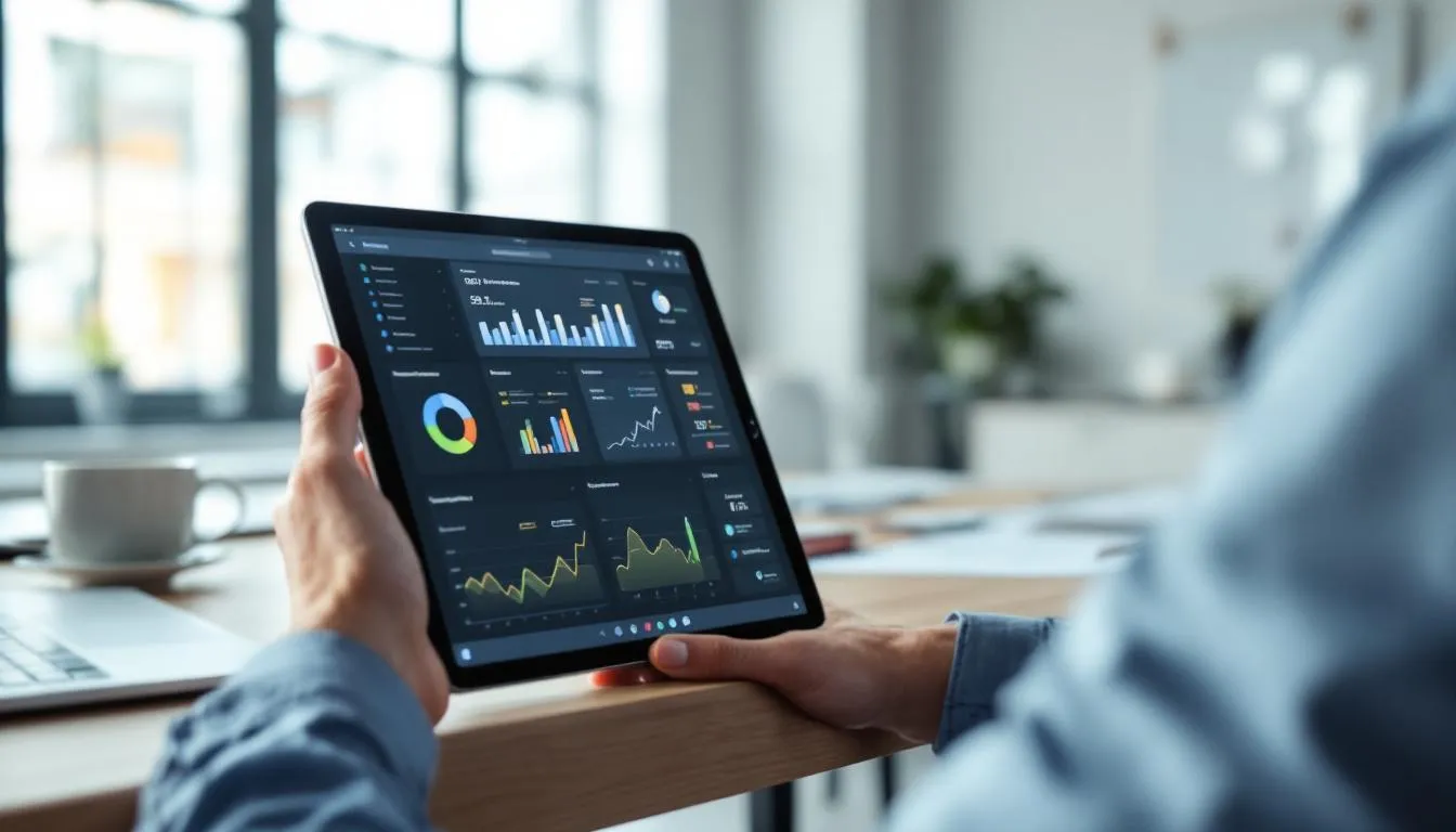 Na zdjęciu widoczna jest osoba siedząca w biurze, która używa tabletu do zarządzania procesami biznesowymi w aplikacji Microsoft Dynamics 365. Interfejs aplikacji wyświetla różne moduły, co sugeruje, że użytkownik pracuje nad optymalizacją zasobów przedsiębiorstwa.
