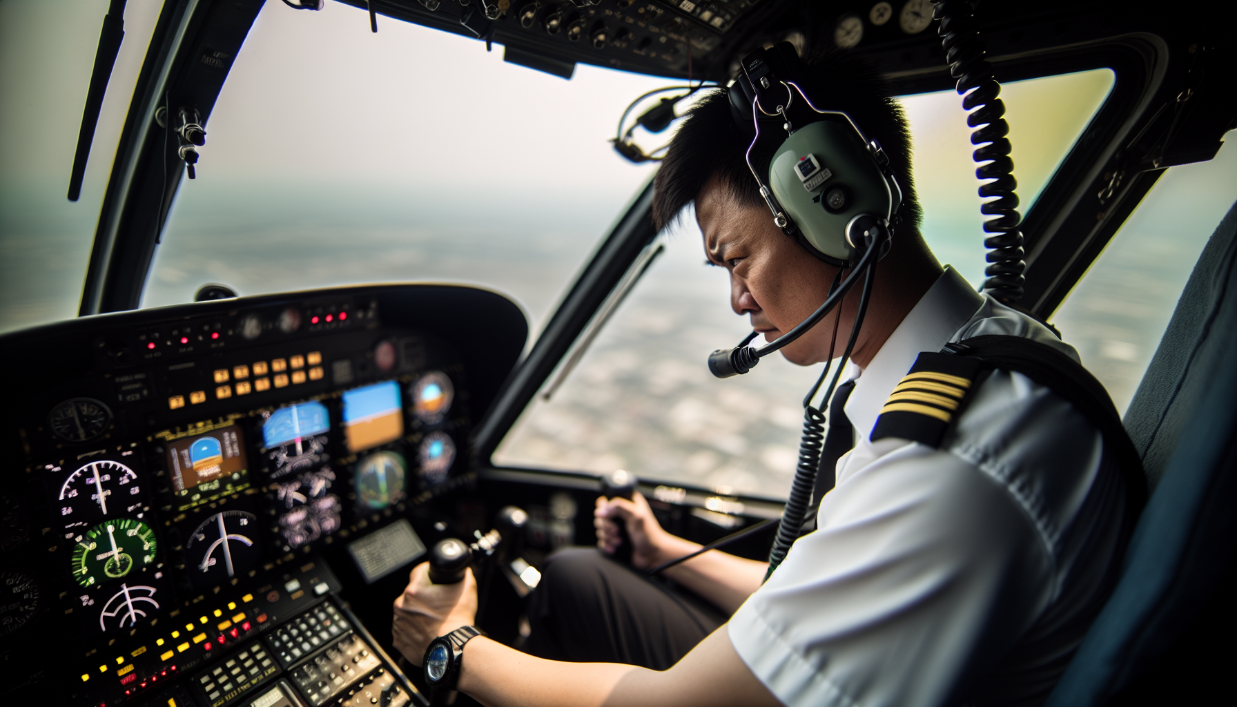 Pilot in a helicopter cockpit during flight training