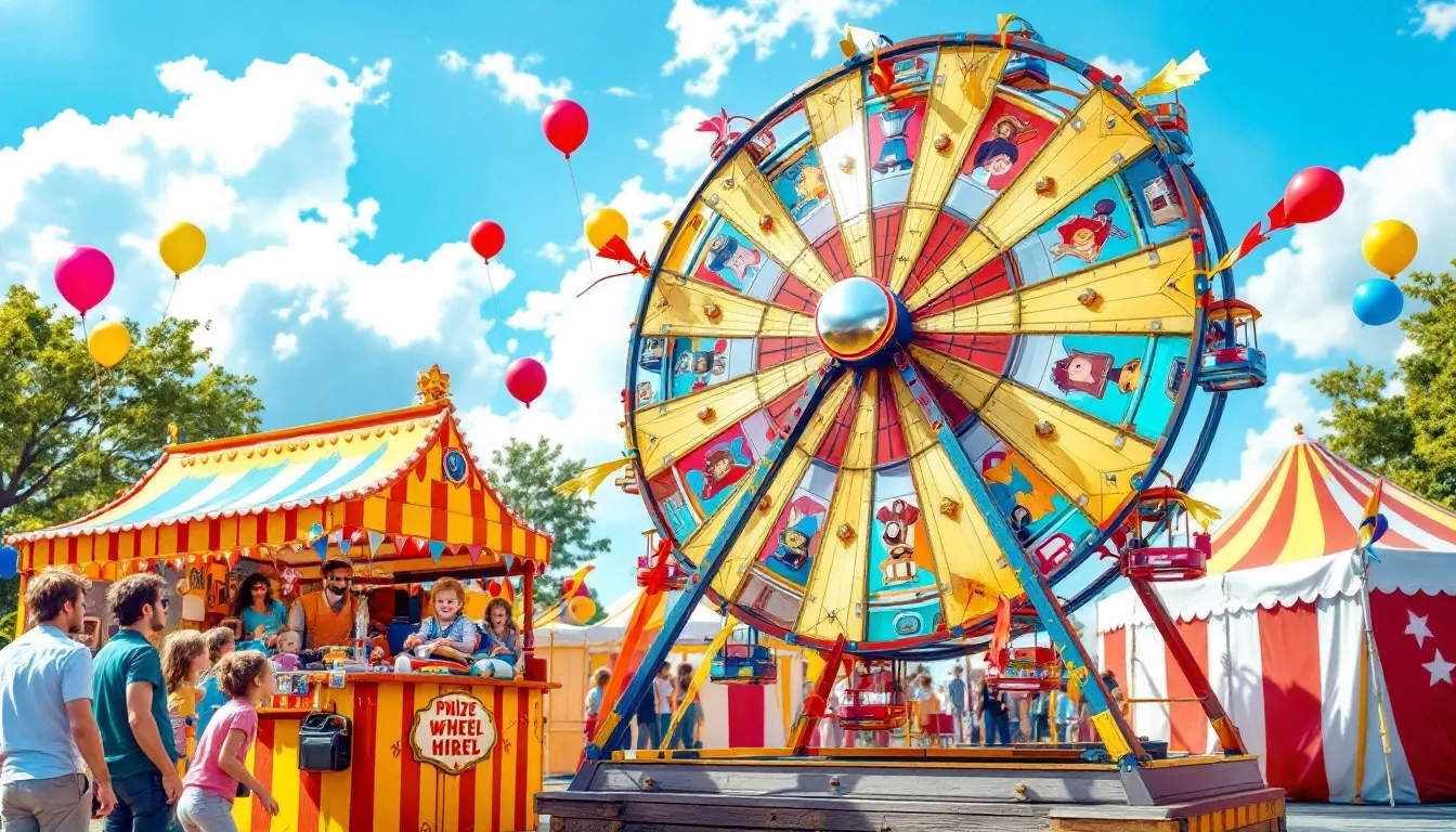 Family-friendly event with children enjoying a prize wheel hire service.