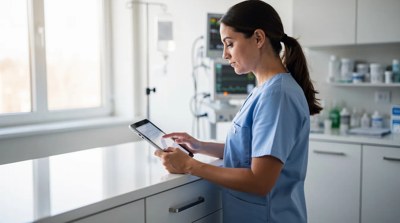 A healthcare worker is focused on a tablet device at a clinical workstation, surrounded by various medical equipment that supports patient care. This scene highlights the importance of technology in healthcare centers for managing electronic health records and ensuring regulatory compliance.