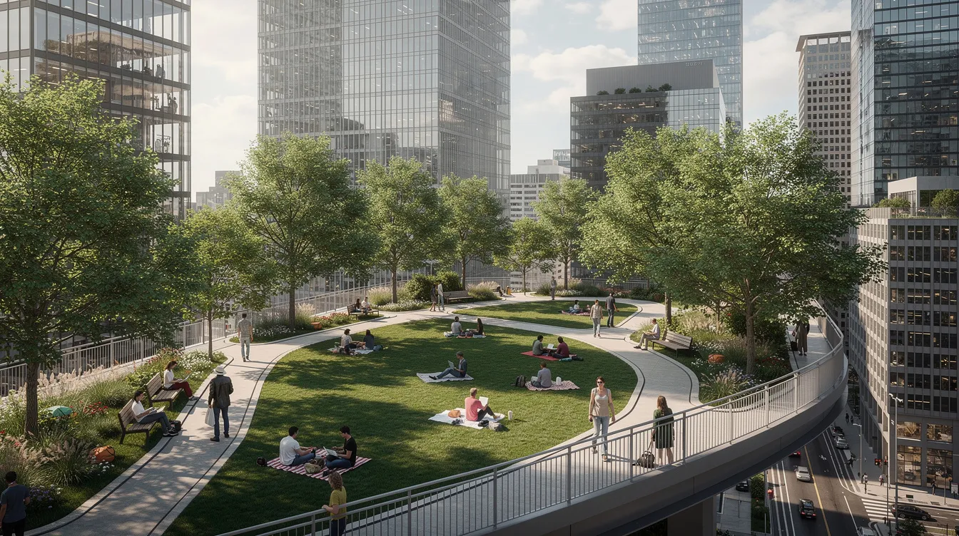 The image depicts an elevated urban park space in downtown Toronto, featuring mature trees, walking paths, and people relaxing on lush green lawns, all surrounded by modern towers. This vibrant area represents a world-class public space that transforms the urban environment, connecting residents and visitors to nature amidst the bustling cityscape.