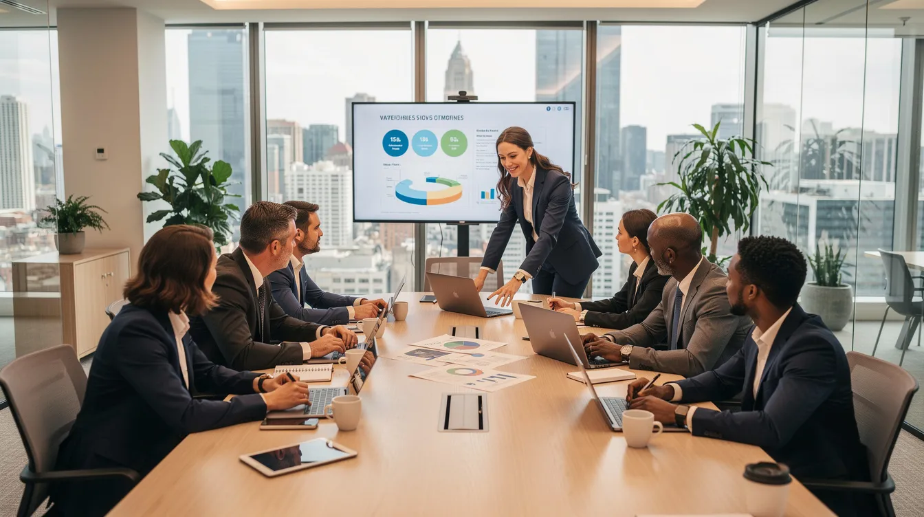 The image depicts a diverse group of professionals engaged in collaboration around a modern meeting table in an office environment, highlighting teamwork and communication. This scene reflects the dynamic nature of workplaces that may be affected by new UK immigration rules, particularly in relation to skilled worker routes and visa categories.