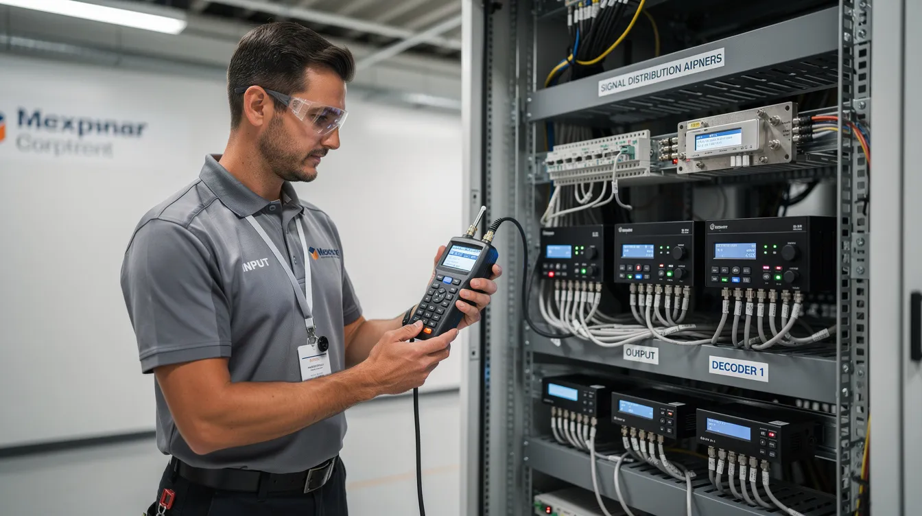 A commercial technician is seen testing signal distribution equipment and decoders, ensuring proper signal quality and diagnosing any potential errors such as "service is currently scrambled." The technician is equipped with tools to troubleshoot issues related to DSTV decoders and satellite dish installations, aiming to resolve connectivity problems efficiently.