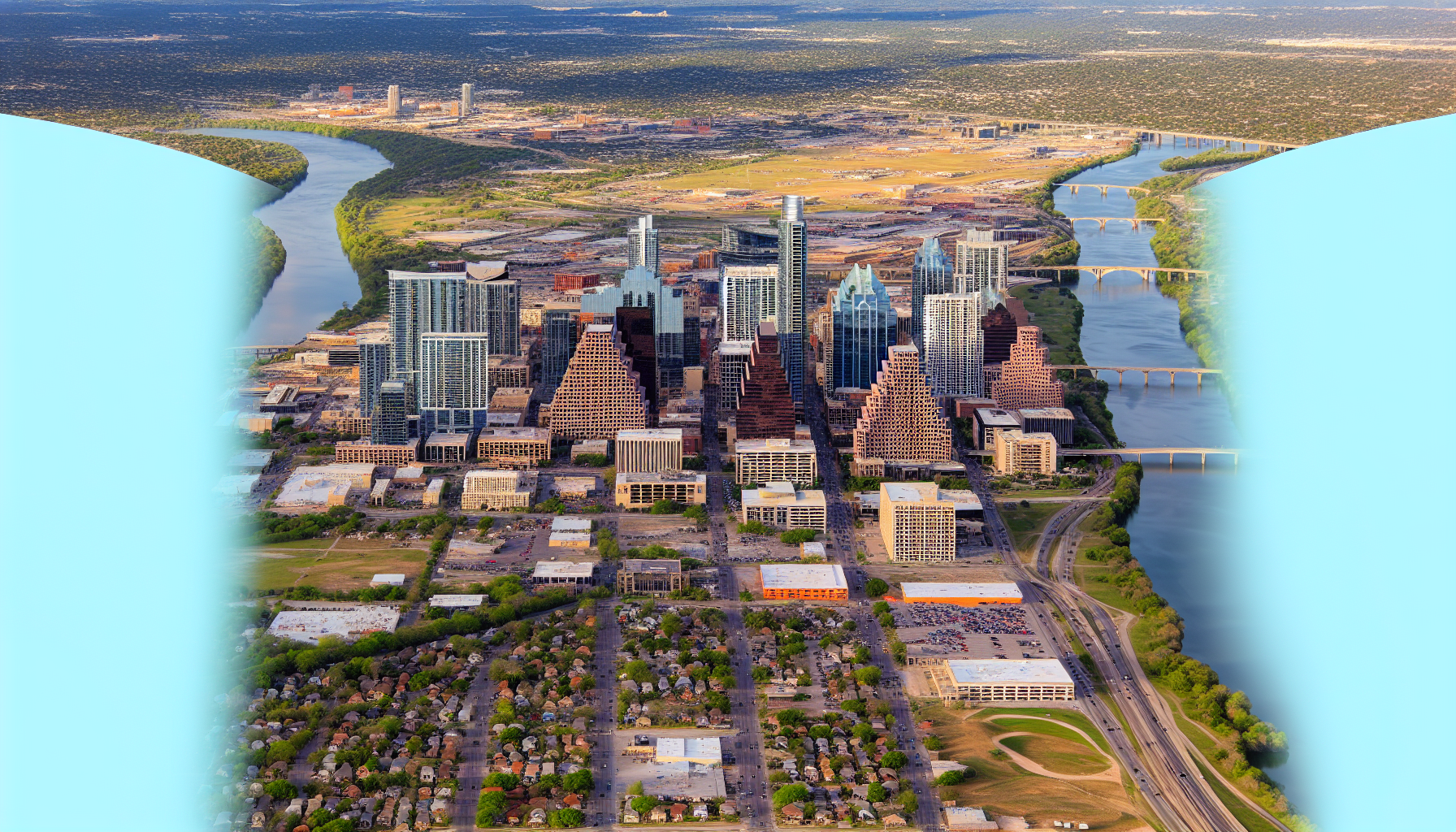 Aerial view of Austin, Texas with downtown skyline and Colorado River. Moving from California to Austin TX.