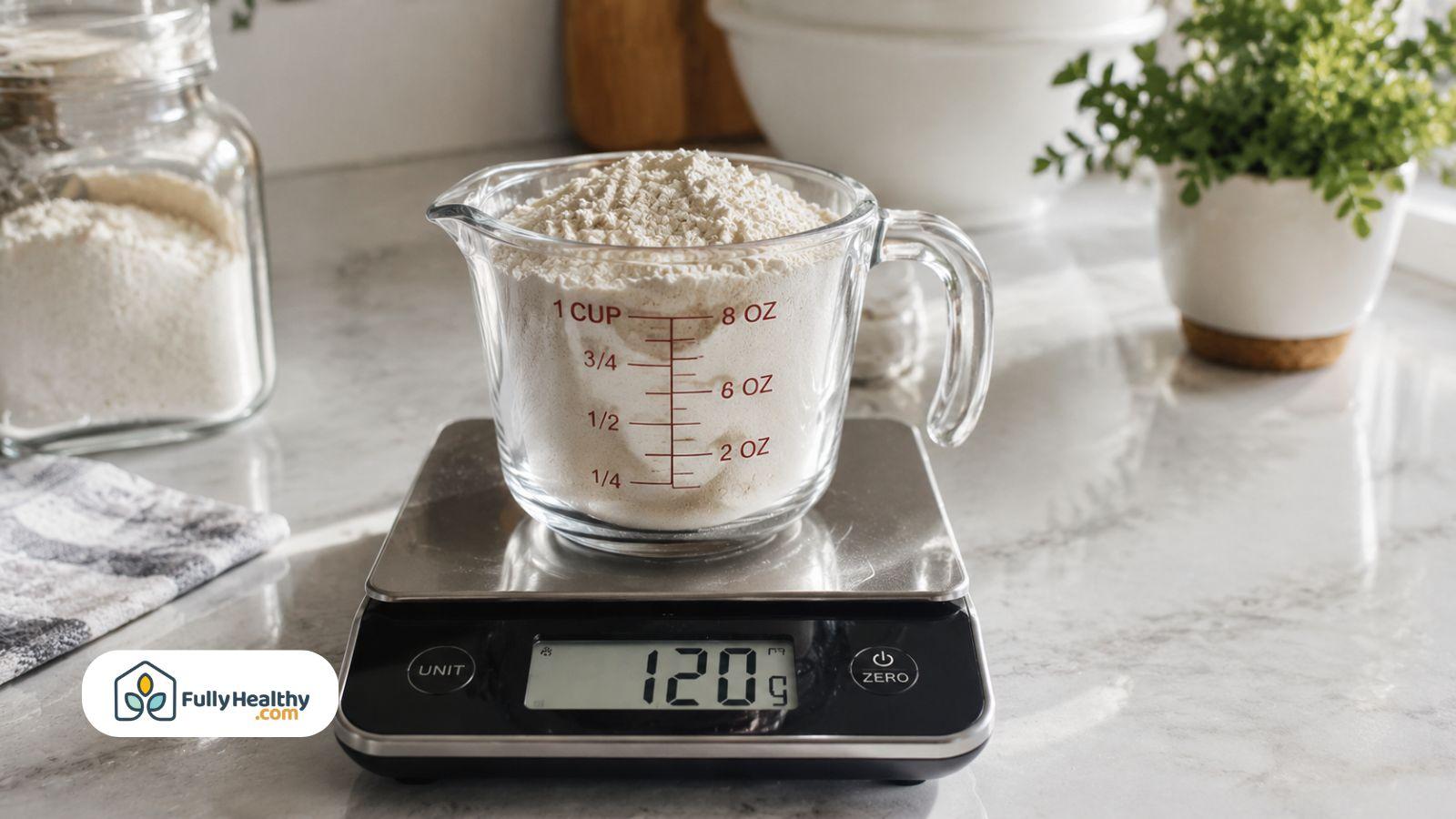 Glass measuring cup filled with flour on digital kitchen scale