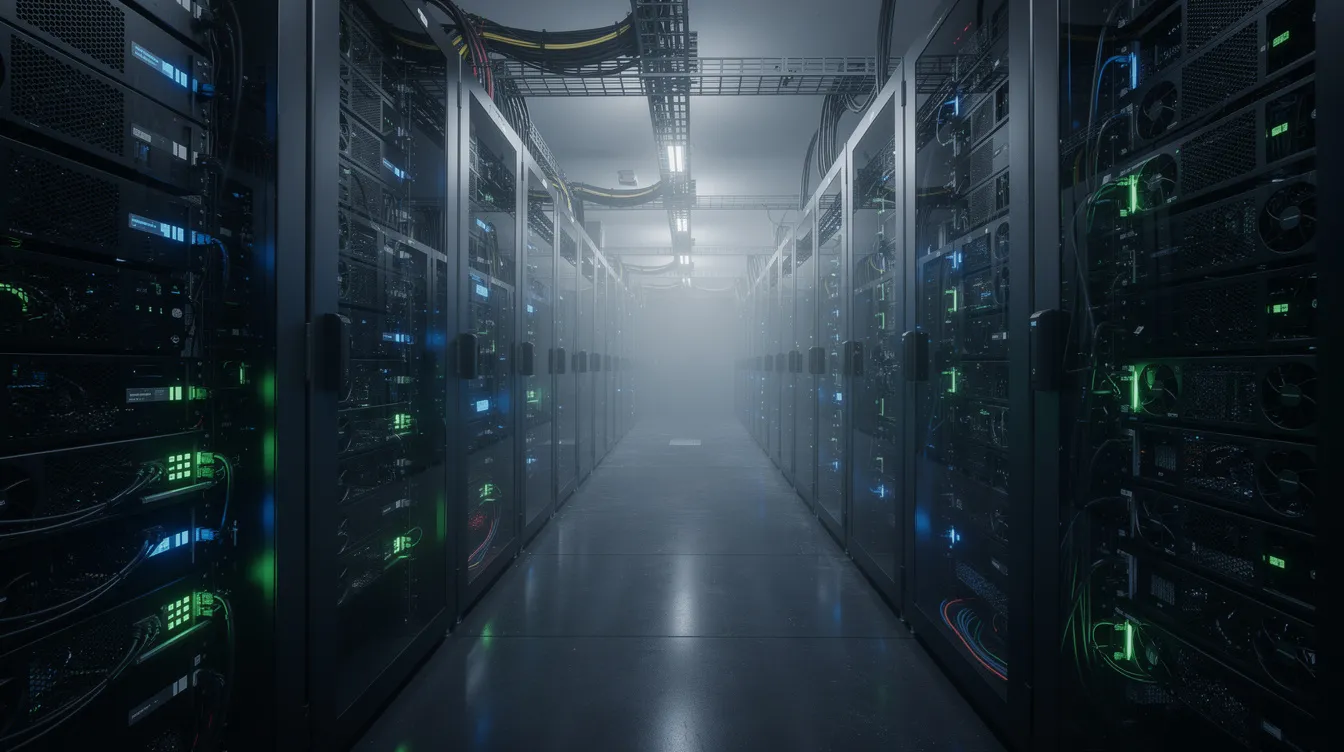 The image depicts a modern server room filled with advanced GPU infrastructure, showcasing rows of high-performance servers that support AI systems and software development processes. The environment is designed for efficient hardware management and data processing, highlighting the critical role of technology in developing software applications and AI solutions.