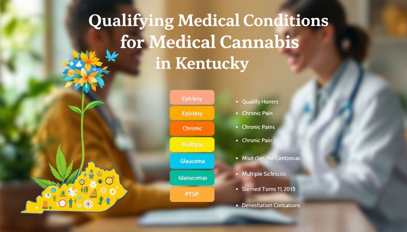 A visual representation of qualifying medical conditions for medical cannabis in Kentucky, featuring a blurred image of a doctor and patient consultation.