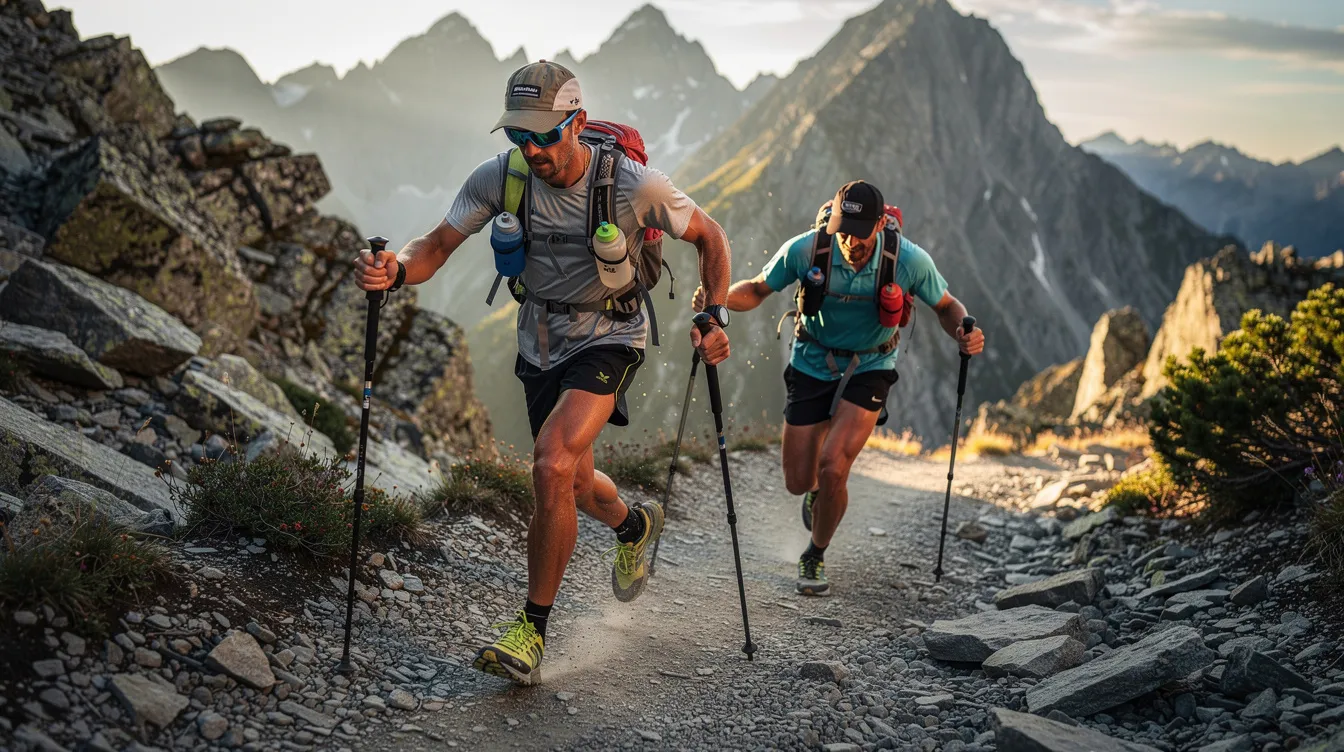 Two trail runners are climbing a rocky mountain path, each wearing loaded hydration vests equipped with multiple pockets for secure storage and trekking poles for support. The vests feature adjustable sternum straps and soft flask pockets, ensuring a snug fit while providing essential hydration during their outdoor adventure.
