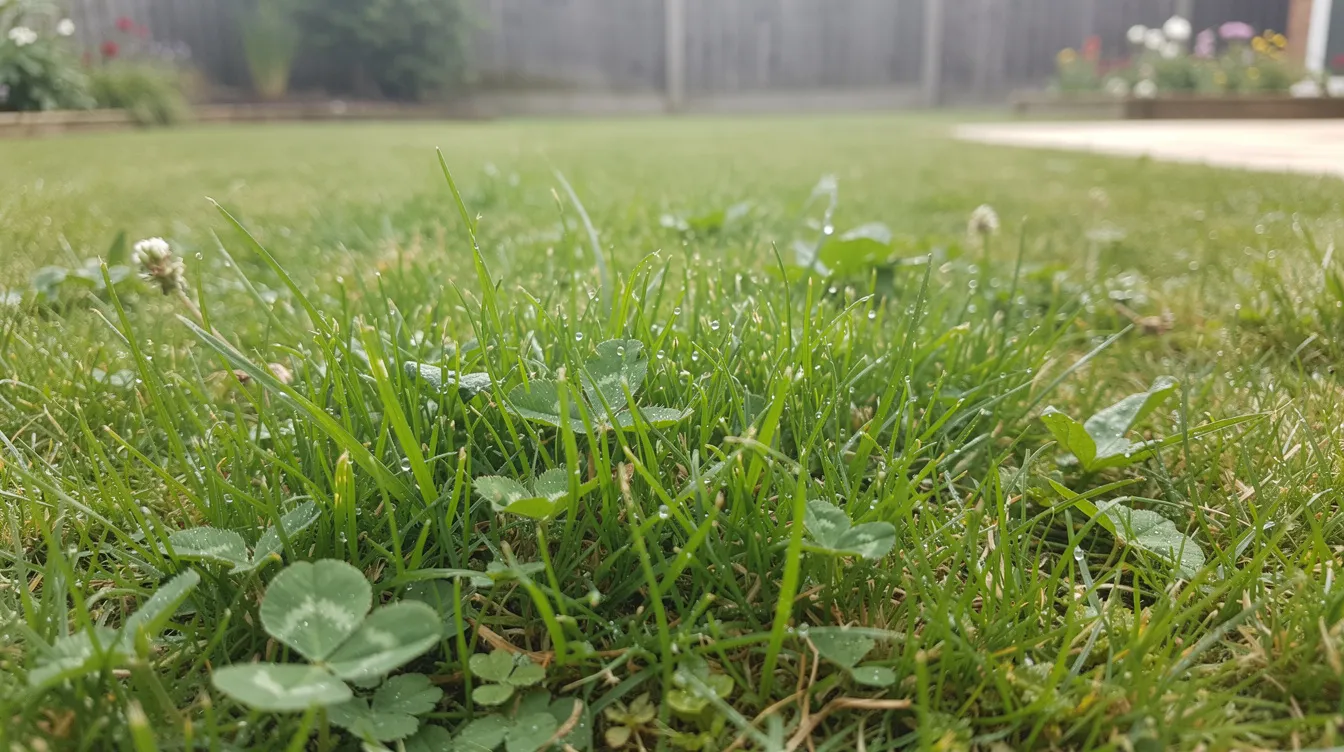 A close-up view of a thick, healthy green lawn in a UK back garden, showcasing lush grass with a few scattered weeds. The vibrant lawn appears well-maintained, suggesting effective lawn care treatments and the use of quality lawn fertilisers to promote root growth and consistent growth.