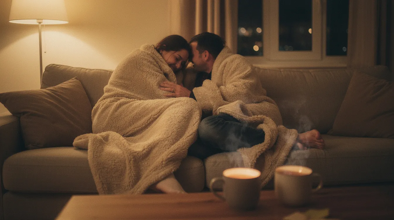 Safe and Fun Bondage Practices for Consenting Adults 4 - Consent Culture The image depicts two people cozily wrapped together in a soft blanket on a couch, surrounded by warm lighting and mugs of tea nearby, suggesting a comfortable and intimate moment. This scene reflects the importance of communication and enthusiastic consent in relationships, emphasizing the warmth and safety shared between partners.