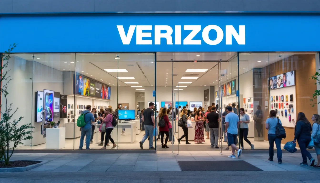 The image shows the front of a Verizon retail store with several customers entering, indicating a busy environment where individuals can seek assistance for their mobile and home internet services, including Fios internet and billing questions. The store's sign is clearly visible, welcoming people to connect with a real person for help with their accounts and plans.