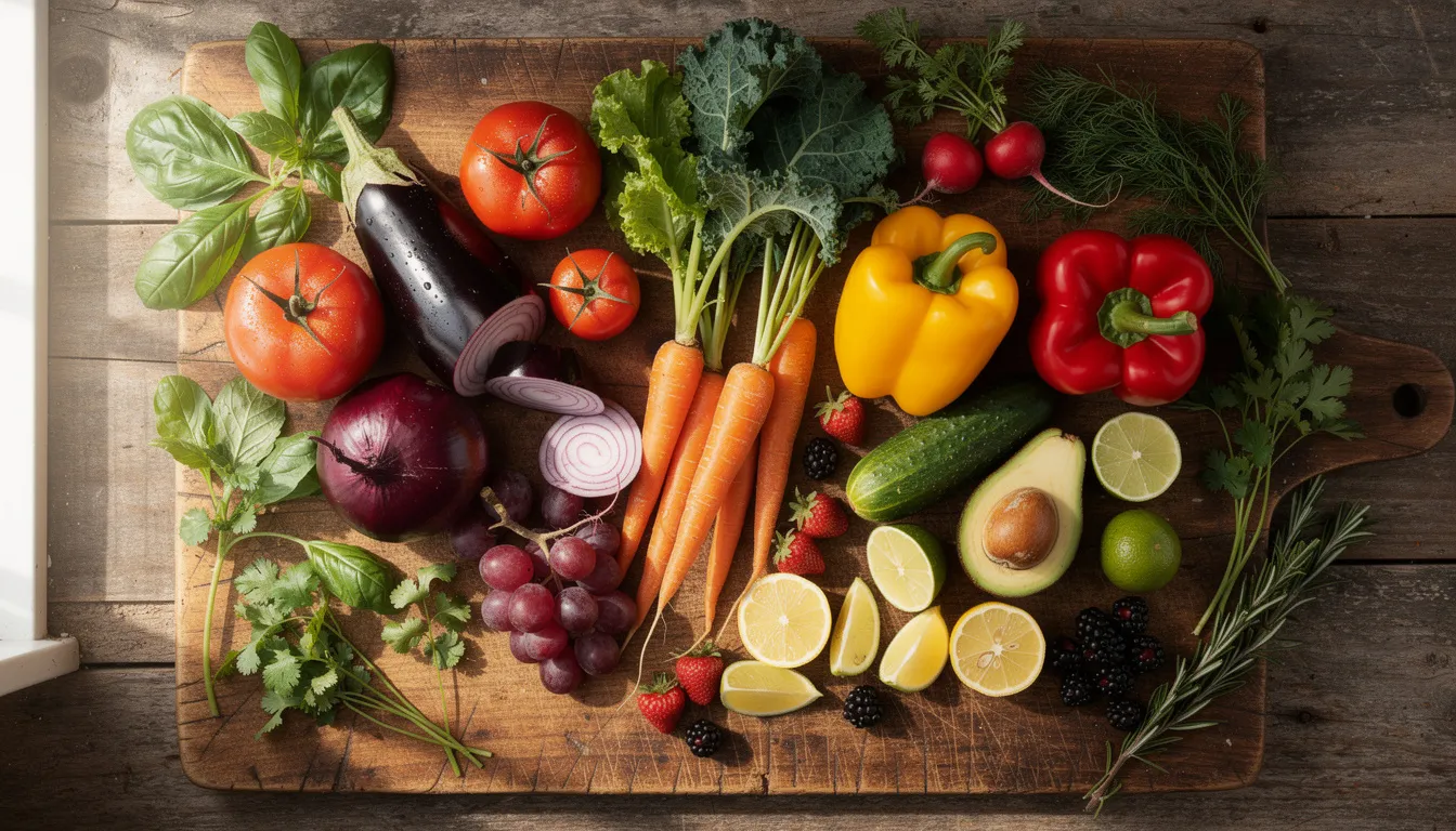 The image depicts a variety of fresh fruits, vegetables, and herbs artfully arranged on a rustic wooden cutting board, highlighting their vibrant colors and textures. This assortment serves as a reminder of the basic nutritional value and health benefits of whole food sources, which can play a vital role in disease prevention and improving overall health.