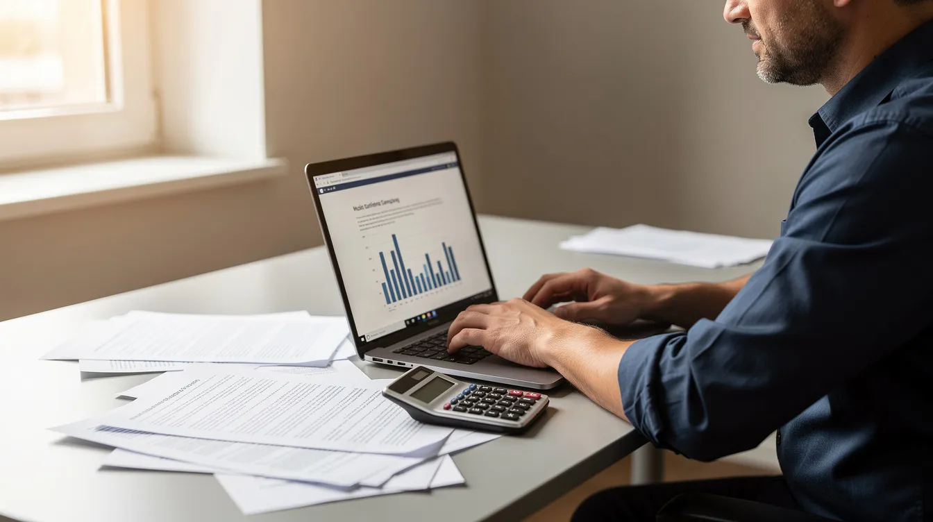 3a4897ba b862 4769 8ce2 a276d9192757 The image shows a person sitting at a desk, focused on using a laptop while surrounded by documents and a calculator, symbolizing the process of applying for government schemes and loans. This scene reflects the importance of digital approval and financial assistance in promoting inclusive growth through various credit linked government schemes.